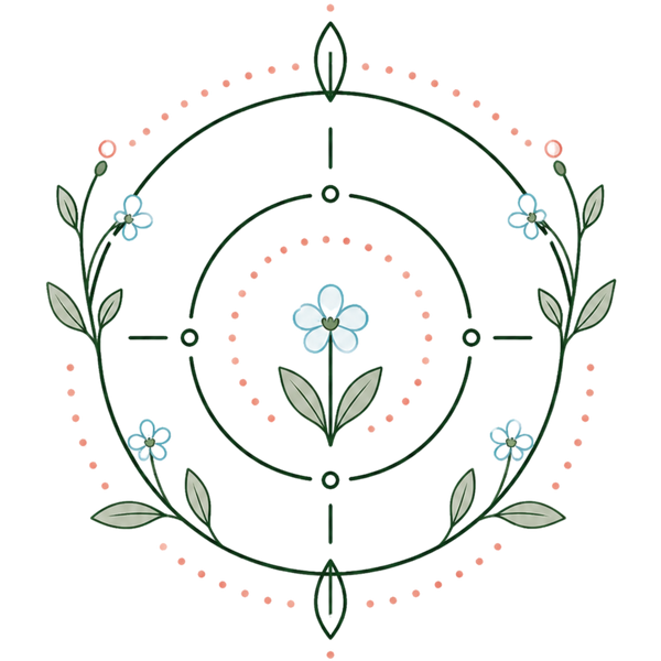Decorative circular design with flowers and leaves on a white background