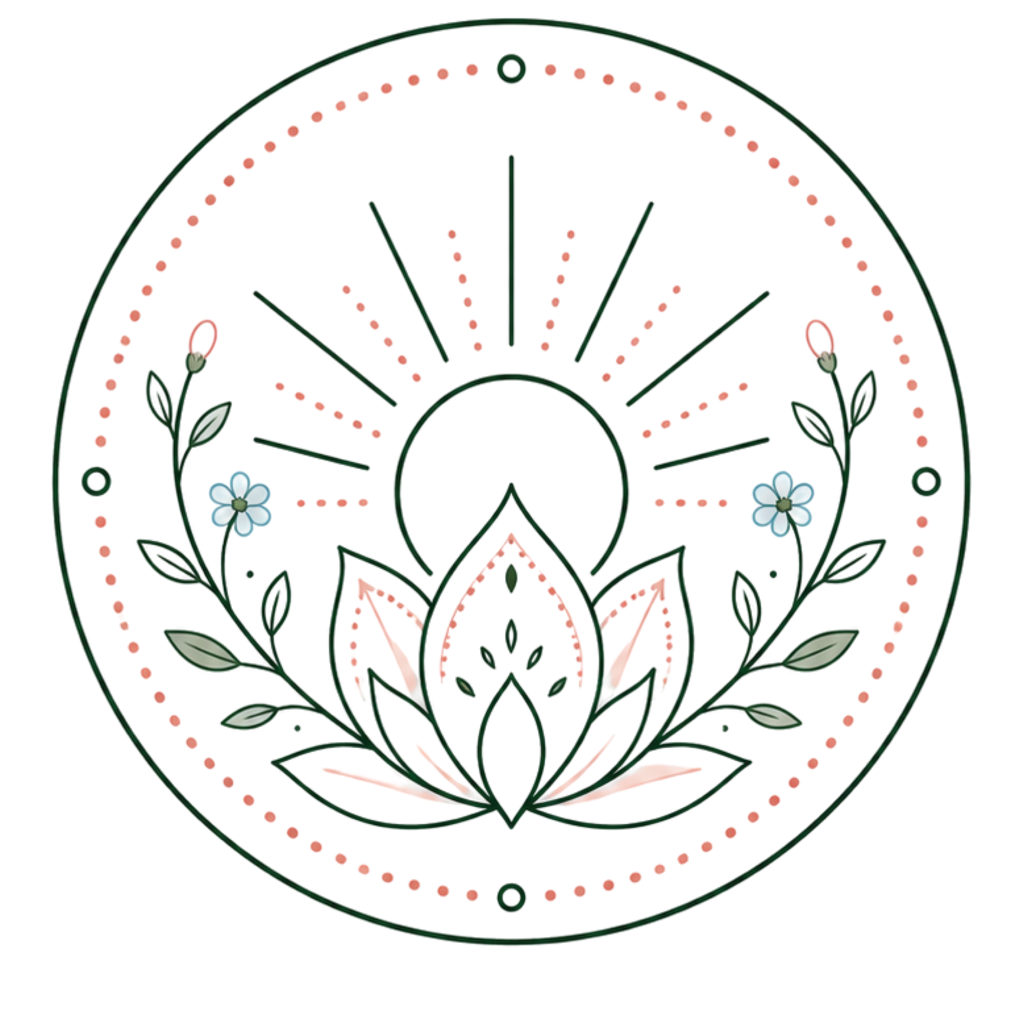 Decorative circular design with a lotus flower and floral elements on a white background