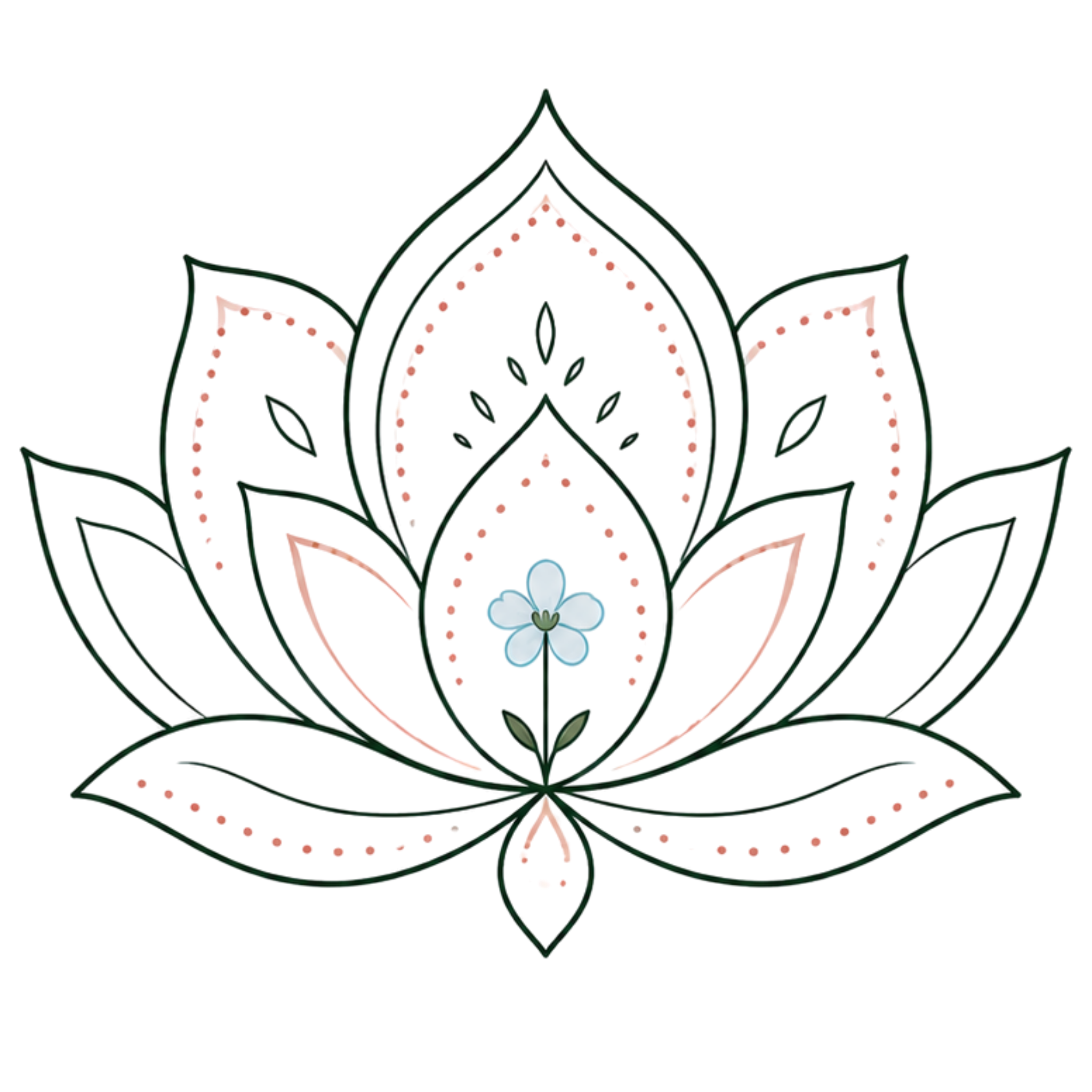 Decorative lotus flower design with a small blue flower in the center on a white background