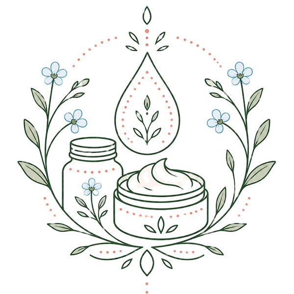 Illustration of skincare products with flowers and leaves on a white background