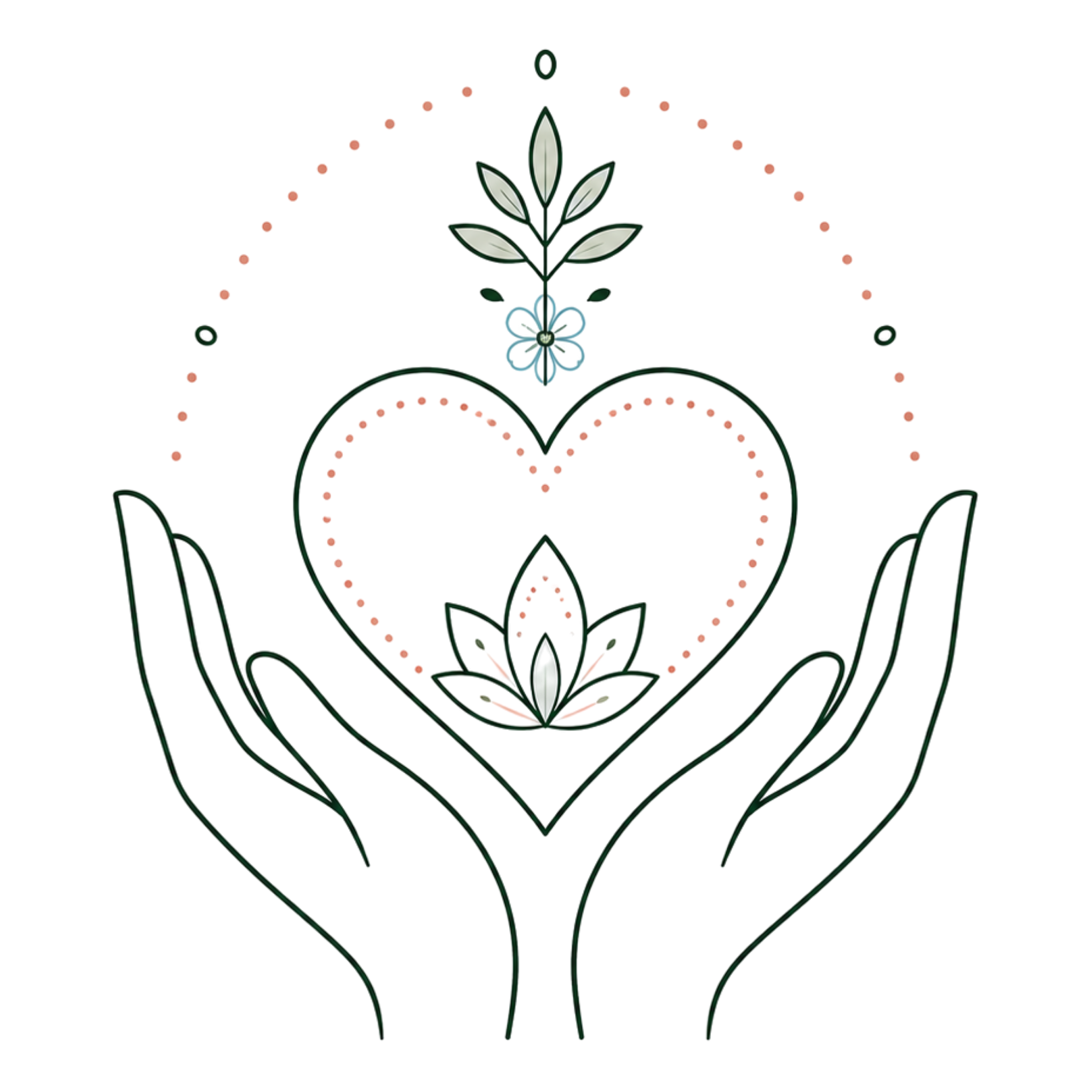 Outline of hands holding a heart with a plant and flower inside on a white background