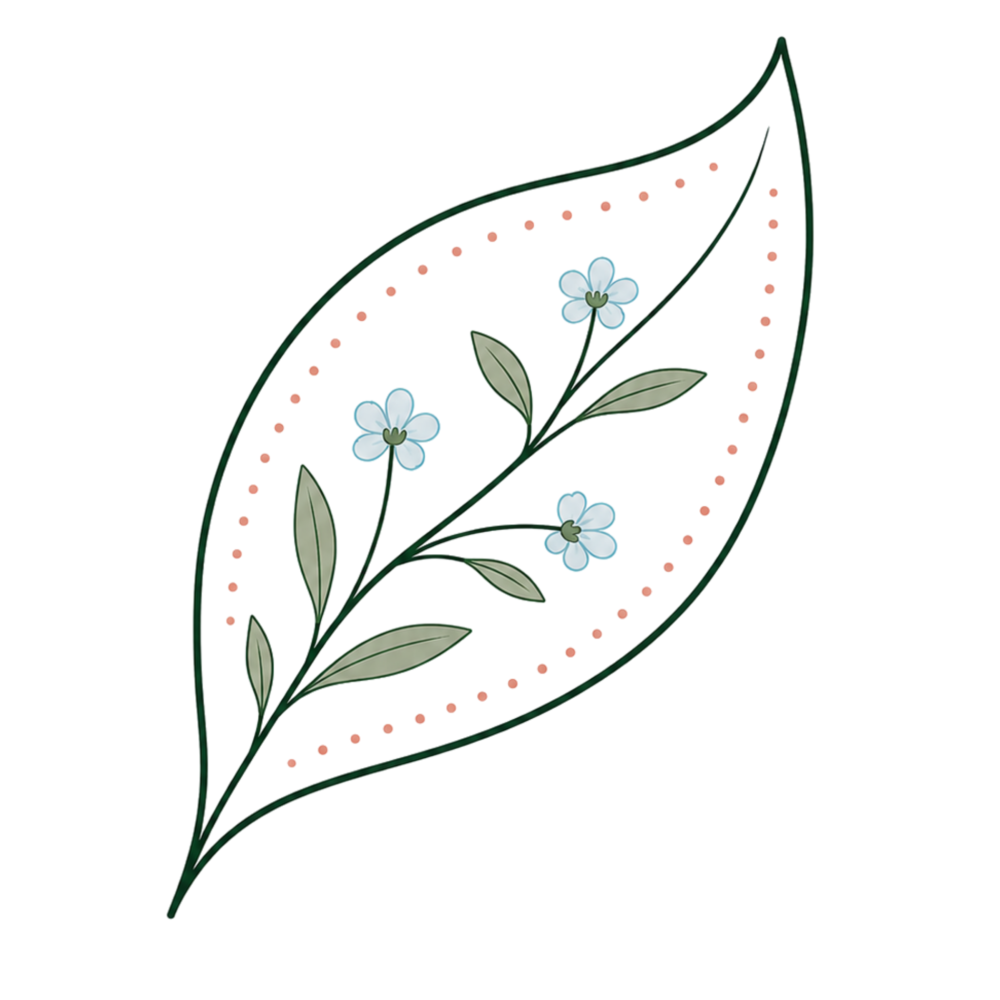 Decorative leaf with flowers and polka dots on a white background