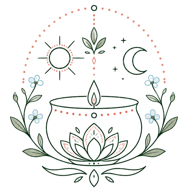 Decorative illustration of a candle with floral and celestial elements on a white background