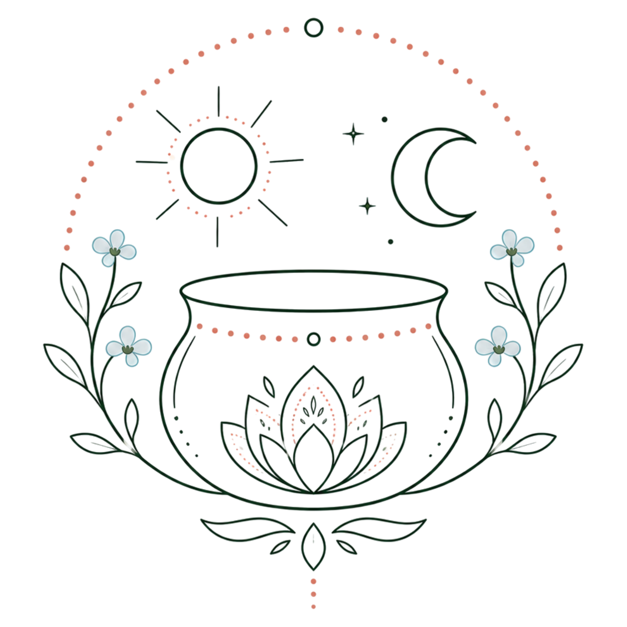 Decorative design with a candle, sun, moon, and flowers on a transparent background