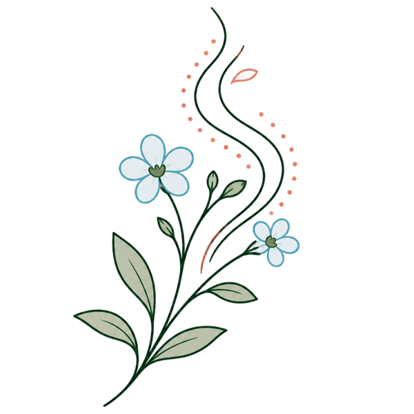 Decorative floral design with blue flowers and green leaves on a white background