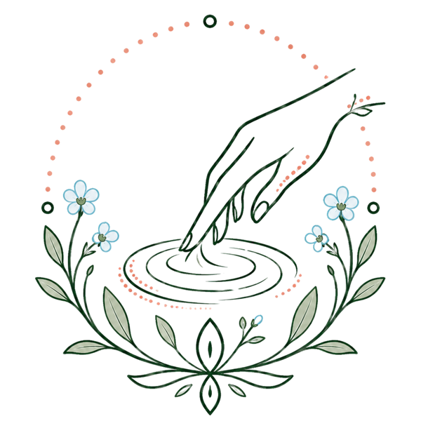 Illustration of a hand touching water, surrounded by flowers and leaves on a white background.
