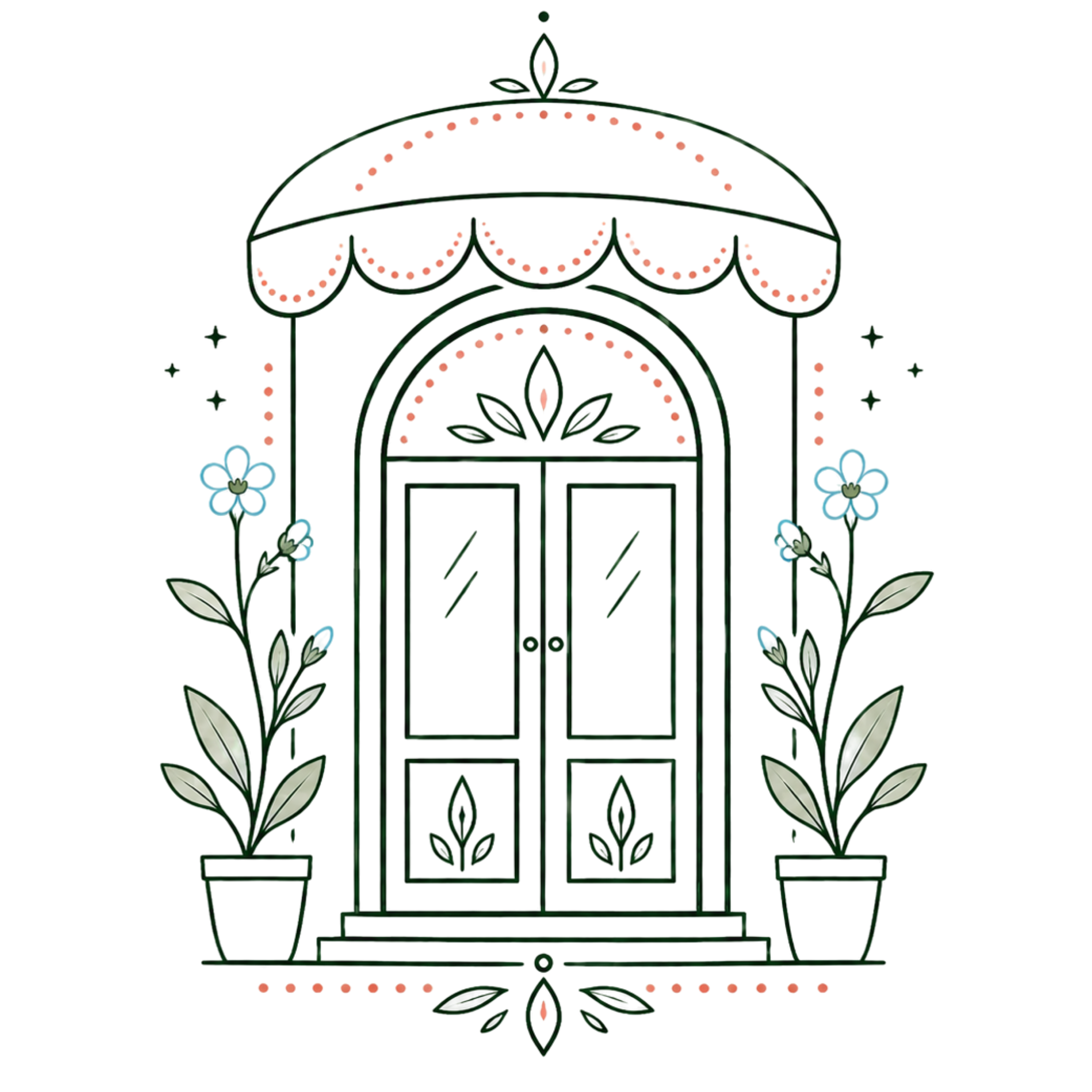 Illustration of a decorative door with floral elements on a transparent background