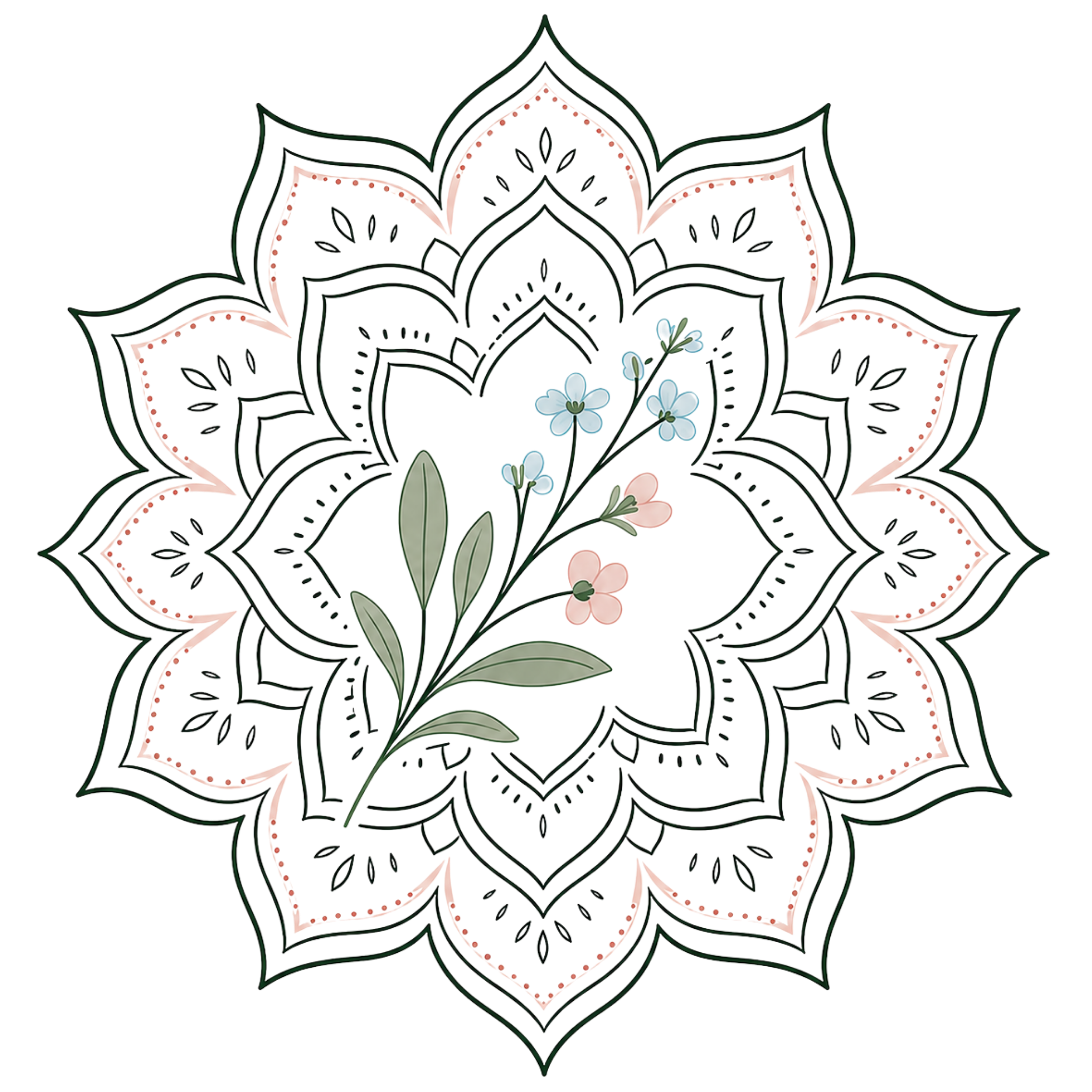 Decorative mandala with floral center on a transparent background