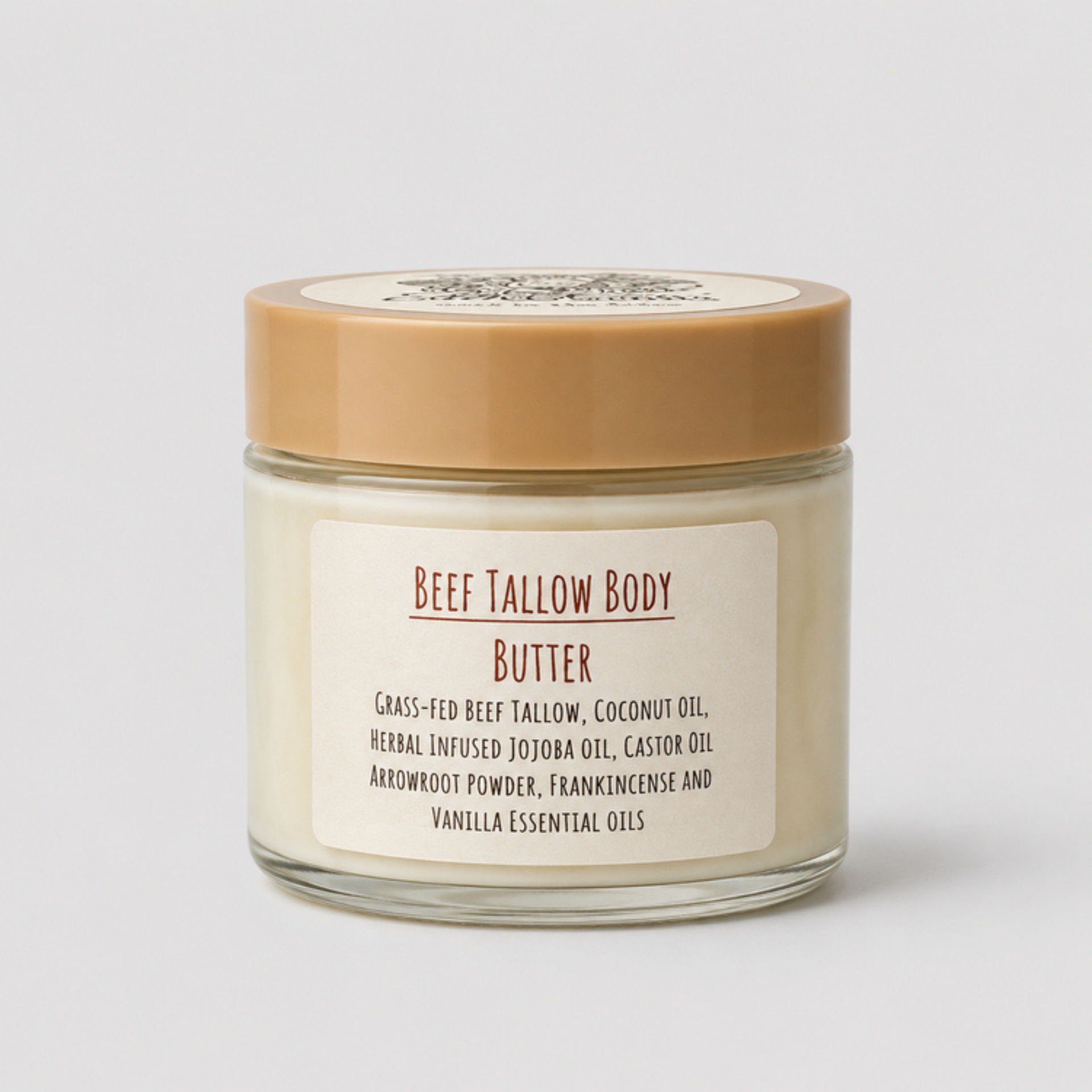 Jar of beef tallow body butter with a beige lid on a white background