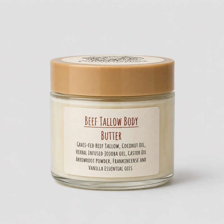 Jar of beef tallow body butter with a beige lid on a white background