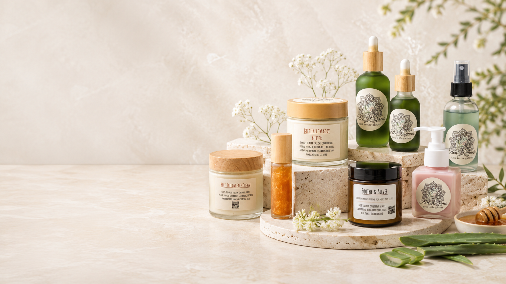 Collection of skincare products on a wooden surface with a natural background