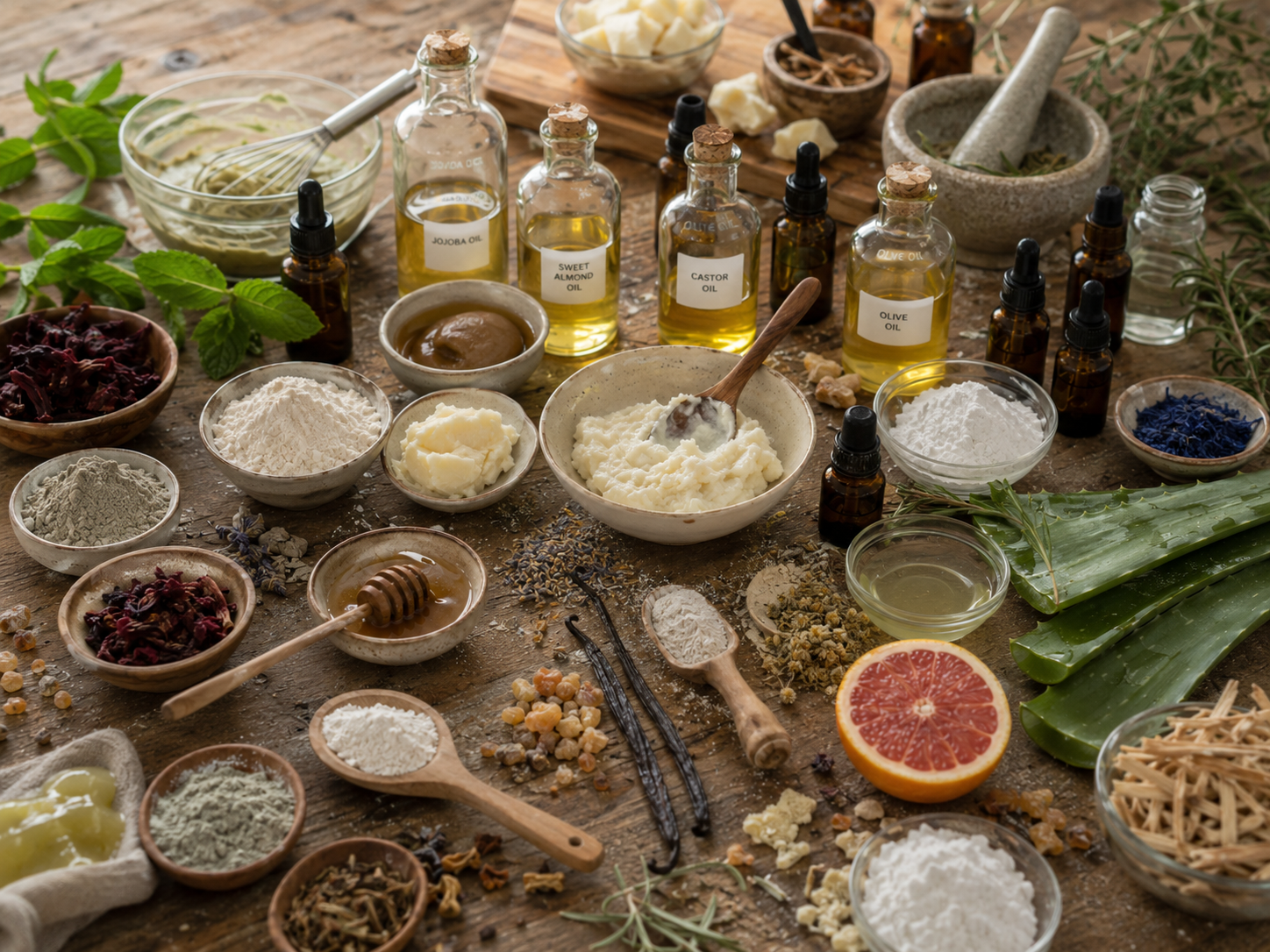 Herbal and natural ingredients on a wooden surface with bottles of oils and other items.