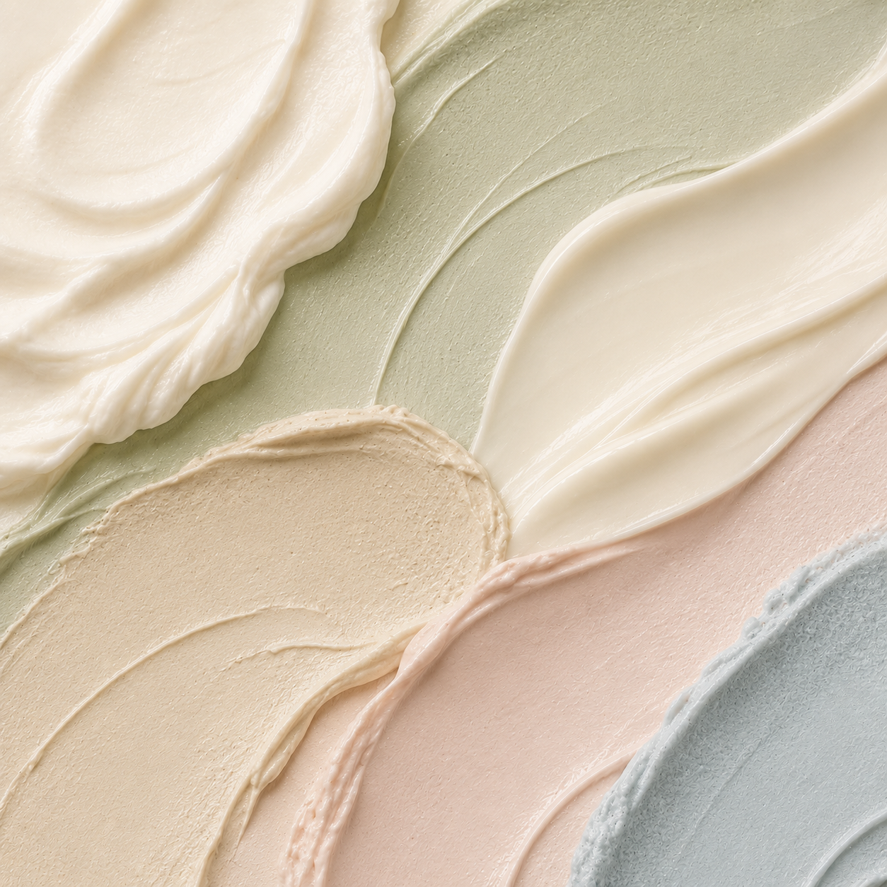 Close-up of smooth, swatched cream textures in pastel colors.